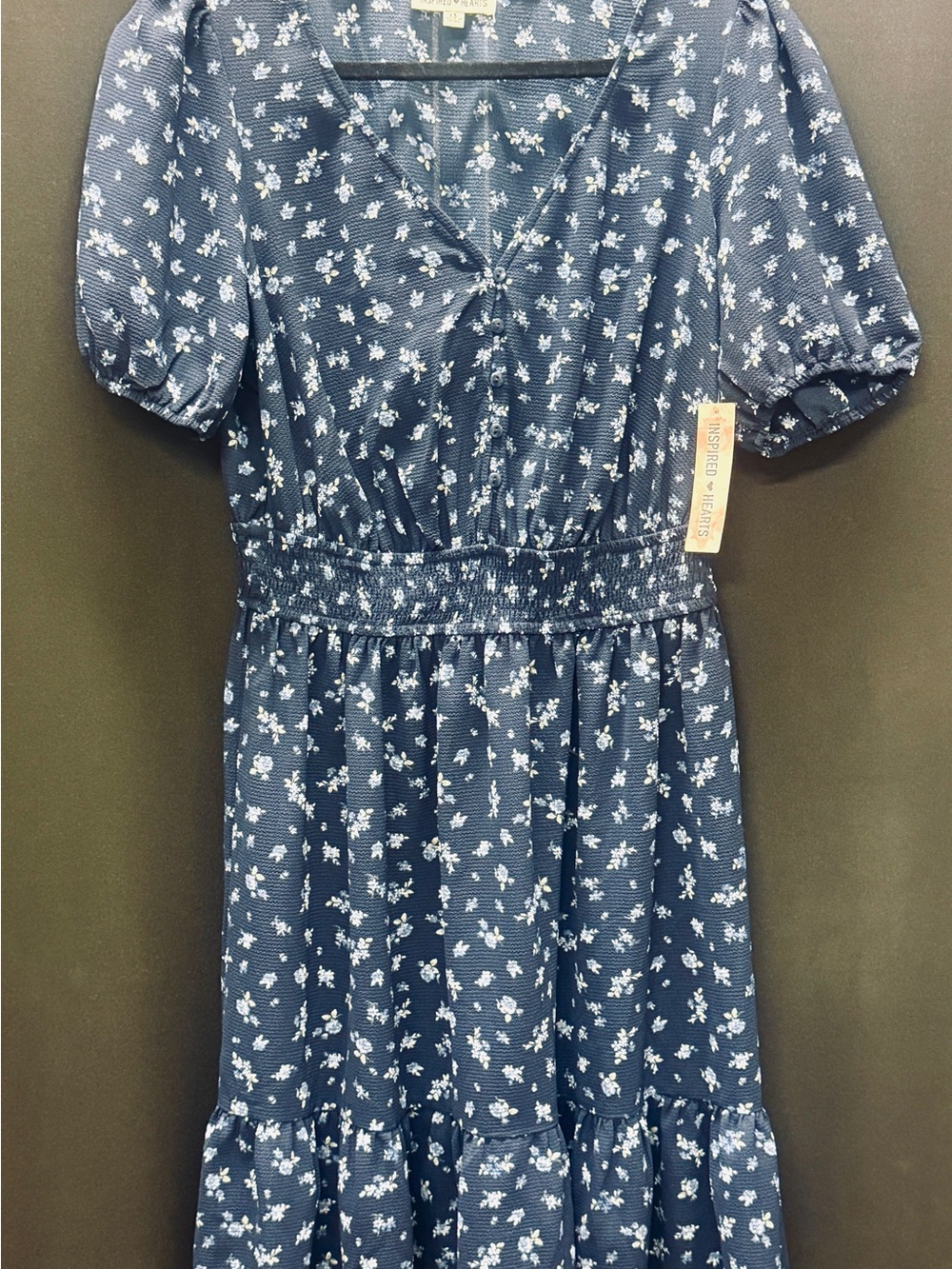 NWT - Inspired Hearts Navy Blue Floral Smocked Waist Puff Sleeve Dress